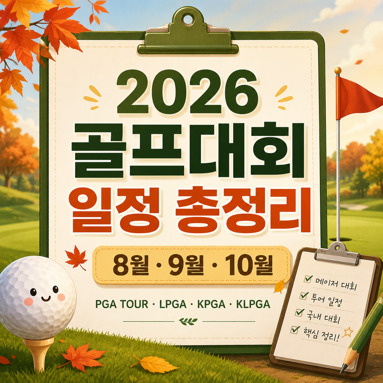 2026년 8월부터 10월까지 PGA TOUR, LPGA, KPGA, KLPGA 일정을 정리한 GolfMap 대표 이미지